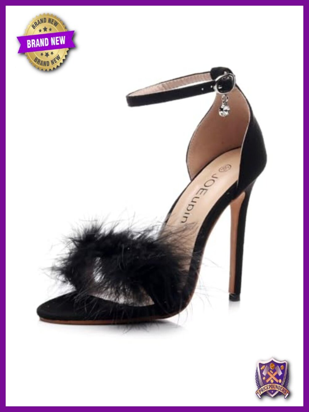 Feather Ankle Strap Heels, Fluffy Suede Open Toe Stiletto High Heel Sandals